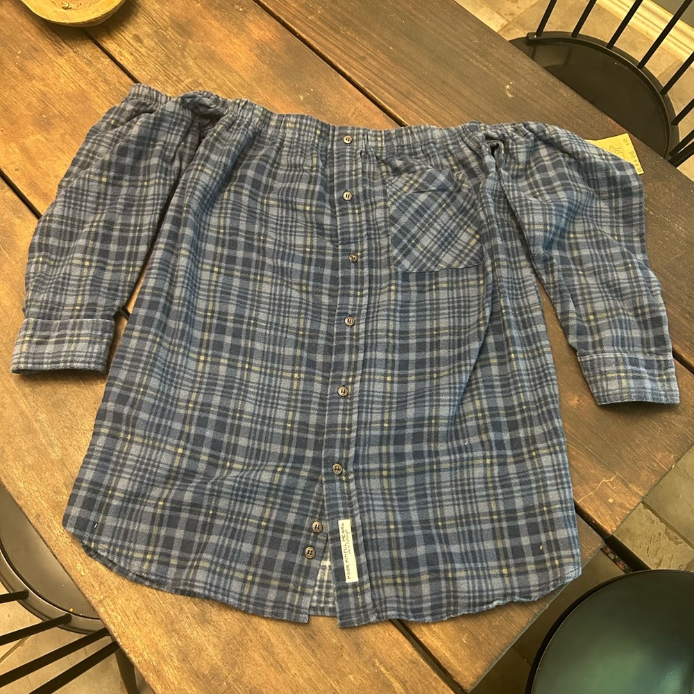 NWT Blue Plaid Flannel Off-Shoulder Top one of a Kind
